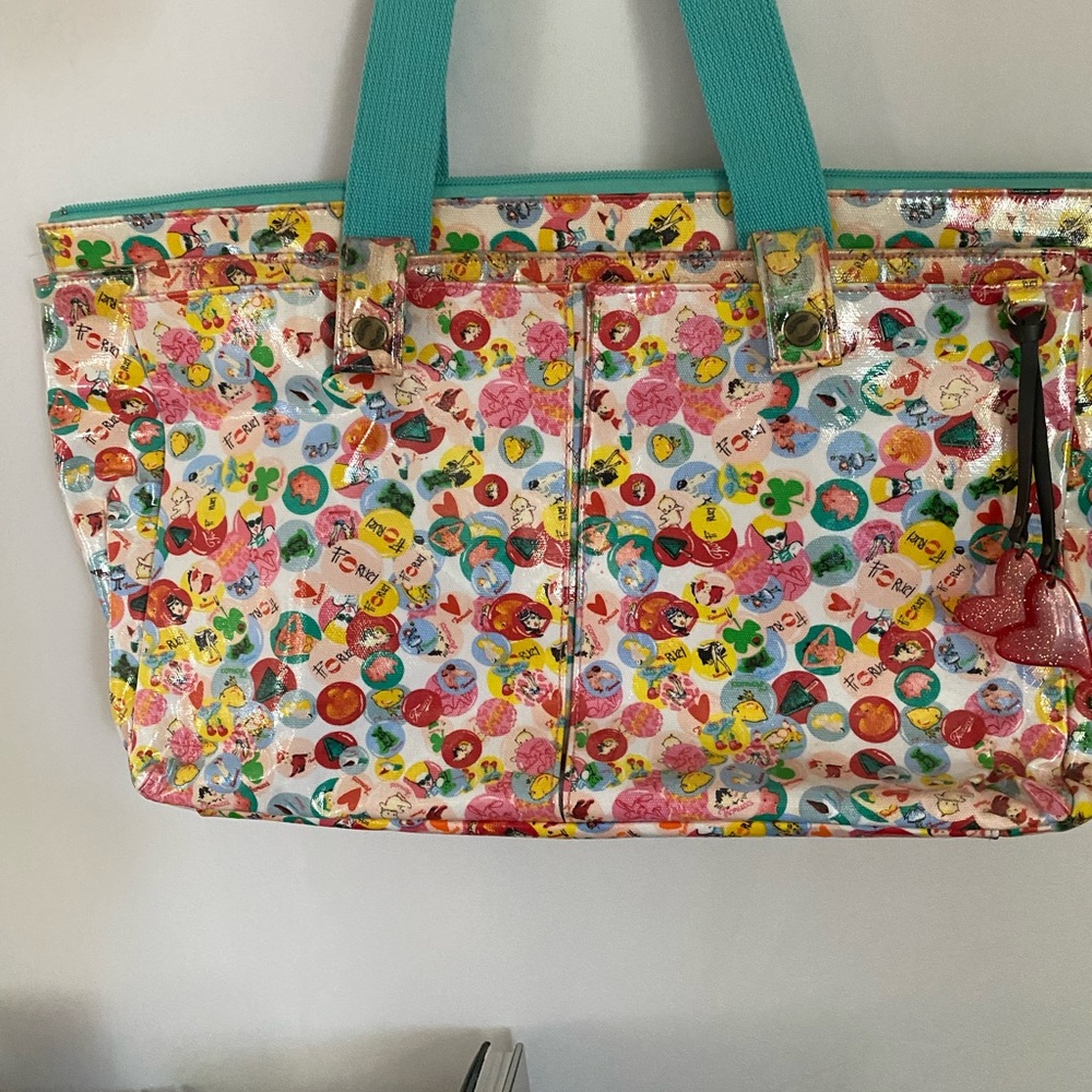 Fiorucci Multicolor Confetti Print Tote with Teal Handles